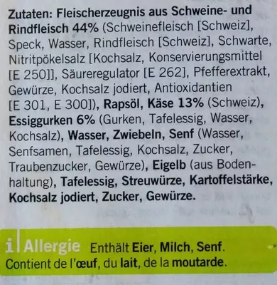 Lista de ingredientes del producto Wurst-Käsesalat Coop 325g