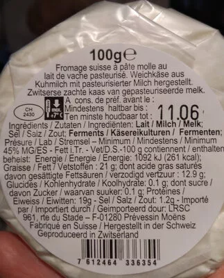 Lista de ingredientes del producto La Tomme Vaudoise du crémier Val d'Arve 