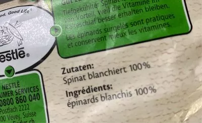 Lista de ingredientes del producto Epinards en branche Findus 800 g