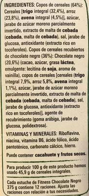 Lista de ingredientes del producto Fitness Chocolate Negro Nestlé, Fitness 375 g