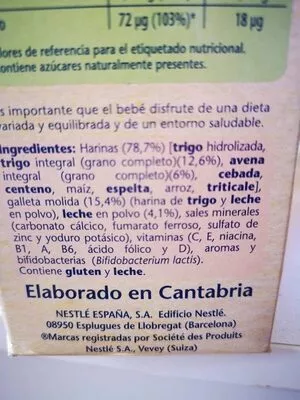 Lista de ingredientes del producto 8 cereales con galleta maria Nestlé 