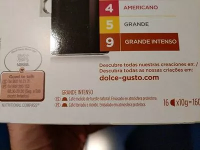 Lista de ingredientes del producto Dolce Gusto caffè grande intenso Nescafé 160 g