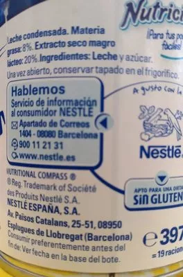 Lista de ingredientes del producto Leche condensada entera Nutricia 397g