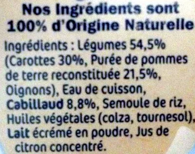 Lista de ingredientes del producto NaturNes Carottes, Pommes de terre, Cabillaud Nestlé 2 pots de 200 g (400 g)