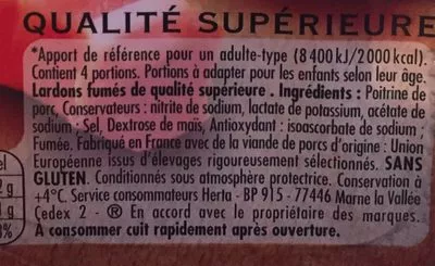 Lista de ingredientes del producto Lardons Fumés Barquette sécable Herta, Nestlé 200 g (2 * 100 g)