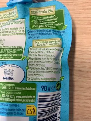 Lista de ingredientes del producto Postre de pera y plátano desde meses bolsita Nestlé 