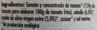 Lista de ingredientes del producto Tomate frito ecológico estilo casero con aceite Solis 750 g