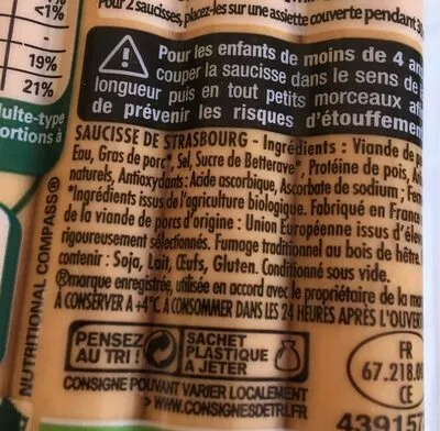 Lista de ingredientes del producto Saucisses de strasbourg fumées bio conservation sans nitrites Herta 140 g