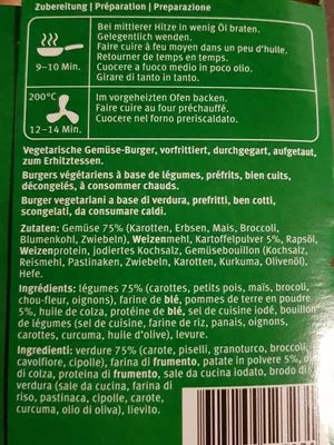 Lista de ingredientes del producto Vegetable burger Cornatur, Migros 100g