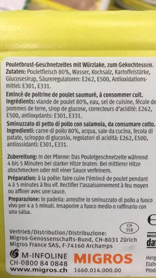 Lista de ingredientes del producto Émincé de poitrine de poulet avec saumure Migros 750 g