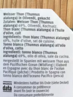 Lista de ingredientes del producto Thon filets Albacore Migros 200 g