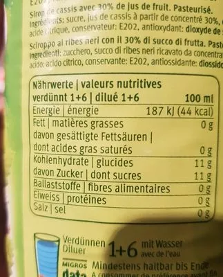 Lista de ingredientes del producto Sirop CASSIS MIGROS 750 ml