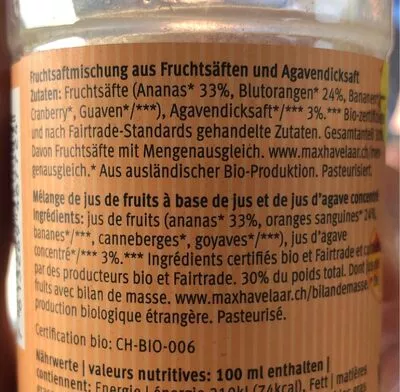 Lista de ingredientes del producto Smoothie orange sanguine, ananas Migros 250 ml