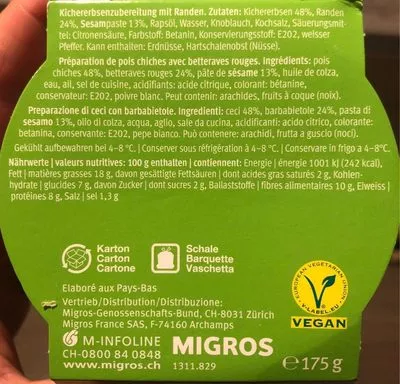 Lista de ingredientes del producto Hummus randen Migros,  Anna's Best 