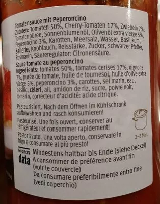 Lista de ingredientes del producto Arrabbiata Sauce Tomate Peperoncino Migros Sélection 290g