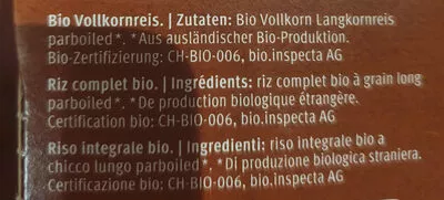 Lista de ingredientes del producto Riz complet a grain long parboiled Migros 