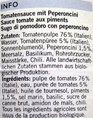 Lista de ingredientes del producto Sugo All' Arrabbiata Naturaplan, Coop,  Coop Naturaplan 400 g