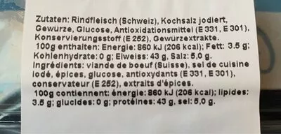 Lista de ingredientes del producto Viande des grisons Coop 