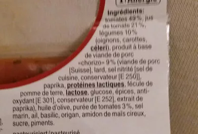 Lista de ingredientes del producto Salsa Calabrese, avec légumes et chorizo Betty Bossi 240 ml