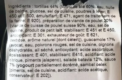 Lista de ingredientes del producto Wrap poulet  avocat Migros 