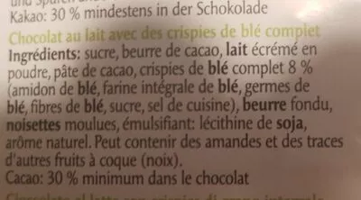 Lista de ingredientes del producto Frey Milchschokolade Mit Vollkorn-weizencrispies Frey 100g