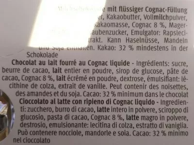 Lista de ingredientes del producto Chocolat Cognac Frey, Migros 100 g