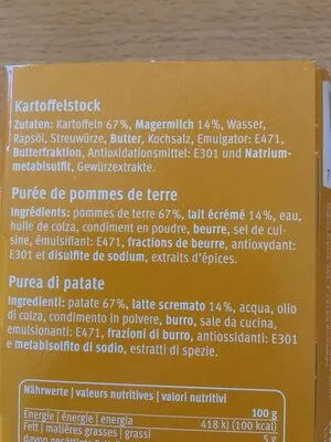 Lista de ingredientes del producto Puree pomme de terre Subito, Migros 240 g