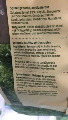 Lista de ingredientes del producto Épinards hachés Migros,  Farmer's Best,  Bischofszell,  Subito 800 g