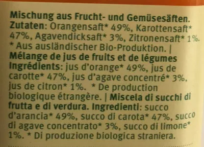 Lista de ingredientes del producto Jus orange-carotte-agave-citron sans marque 33 cl