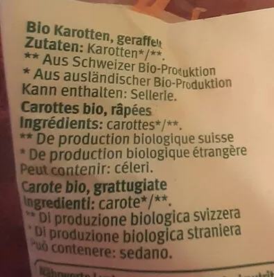 Lista de ingredientes del producto Carottes râpées Migros BIO 200 g