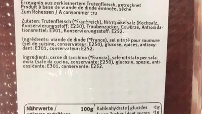 Lista de ingredientes del producto Dinde séchée DUO  100 g