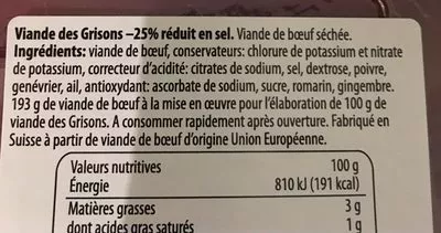 Lista de ingredientes del producto Viande des grisons Micarna 