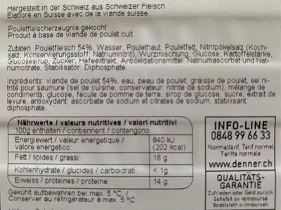 Lista de ingredientes del producto Poulet Lyoner Denner 125 g