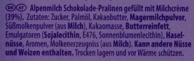 Lista de ingredientes del producto Milka Pralinés Milchcrème Milka, Mondelez 110g