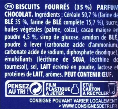 Lista de ingredientes del producto Prince goût chocolat au blé complet LU 300 g ℮, (15 biscuits de 20 g)