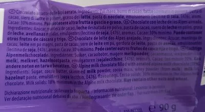 Lista de ingredientes del producto Milka Tavoletta Bubbly GR. 90 Milka 90 g