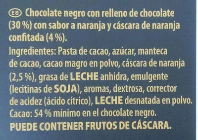 Lista de ingredientes del producto Pasión de naranja negro Suchard 100 g