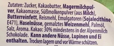 Lista de ingredientes del producto Milka Schmunzelhase Knusper 50G Milka 50 g