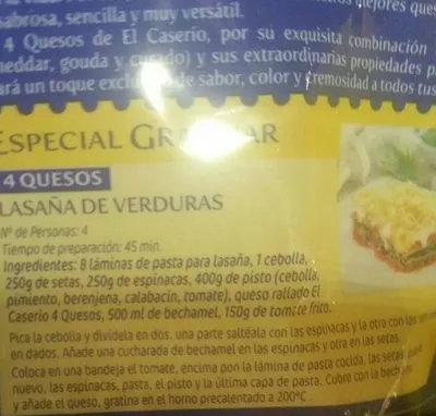 Lista de ingredientes del producto Queso rallado 4 quesos para gratinar El Caserio 