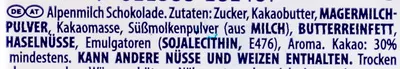 Lista de ingredientes del producto Milka Hase Alpenmilch Milka, Mondelez 130 g