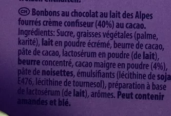 Lista de ingredientes del producto Alles Gute Pralinés à la dessert au chocolat Milka 187 g