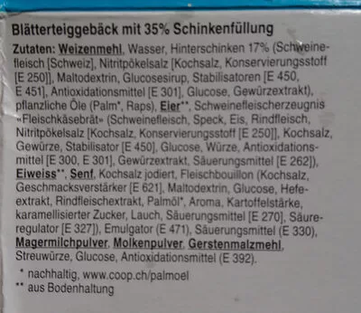 Lista de ingredientes del producto Mini Schinkengipfeli Coop, Coop Qualité & Prix 12 x 20 g