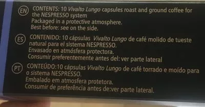 Lista de ingredientes del producto 10 Nespresso Vivalto Lungo Capsules Nespresso 