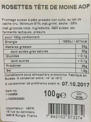 Lista de ingredientes del producto Tête De Moine Bellelay 100 g