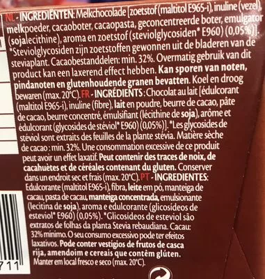 Lista de ingredientes del producto Milk no added sugar with stevia extracts Canderel 