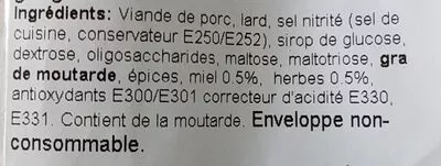 Lista de ingredientes del producto Saucisson sec aux herbes et miel Lyoba 280 g