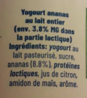 Lista de ingredientes del producto Yogourt au lait de gruyère et Ananas Cremo 100g