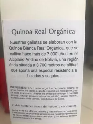 Lista de ingredientes del producto Galletas de quinoa con chispas de chocolate tiqua quinoa 