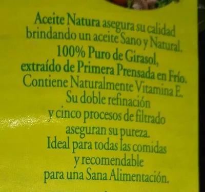 Lista de ingredientes del producto Aceite puro de girasol Natura 1500 ml