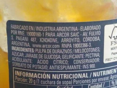 Lista de ingredientes del producto Mermelada de Durazno libre de gluten Arcor 